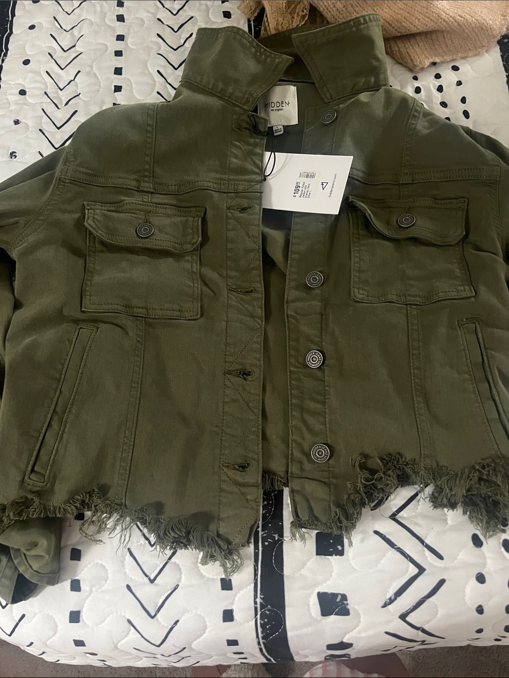 Hidden Utility Olive Green Frayed Hem Denim Jacket